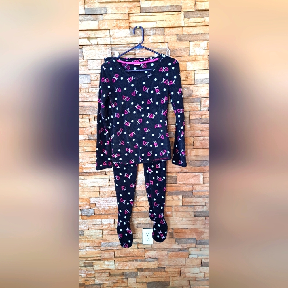 Jenni Womens Black and Pink Pajamas With Feet Set